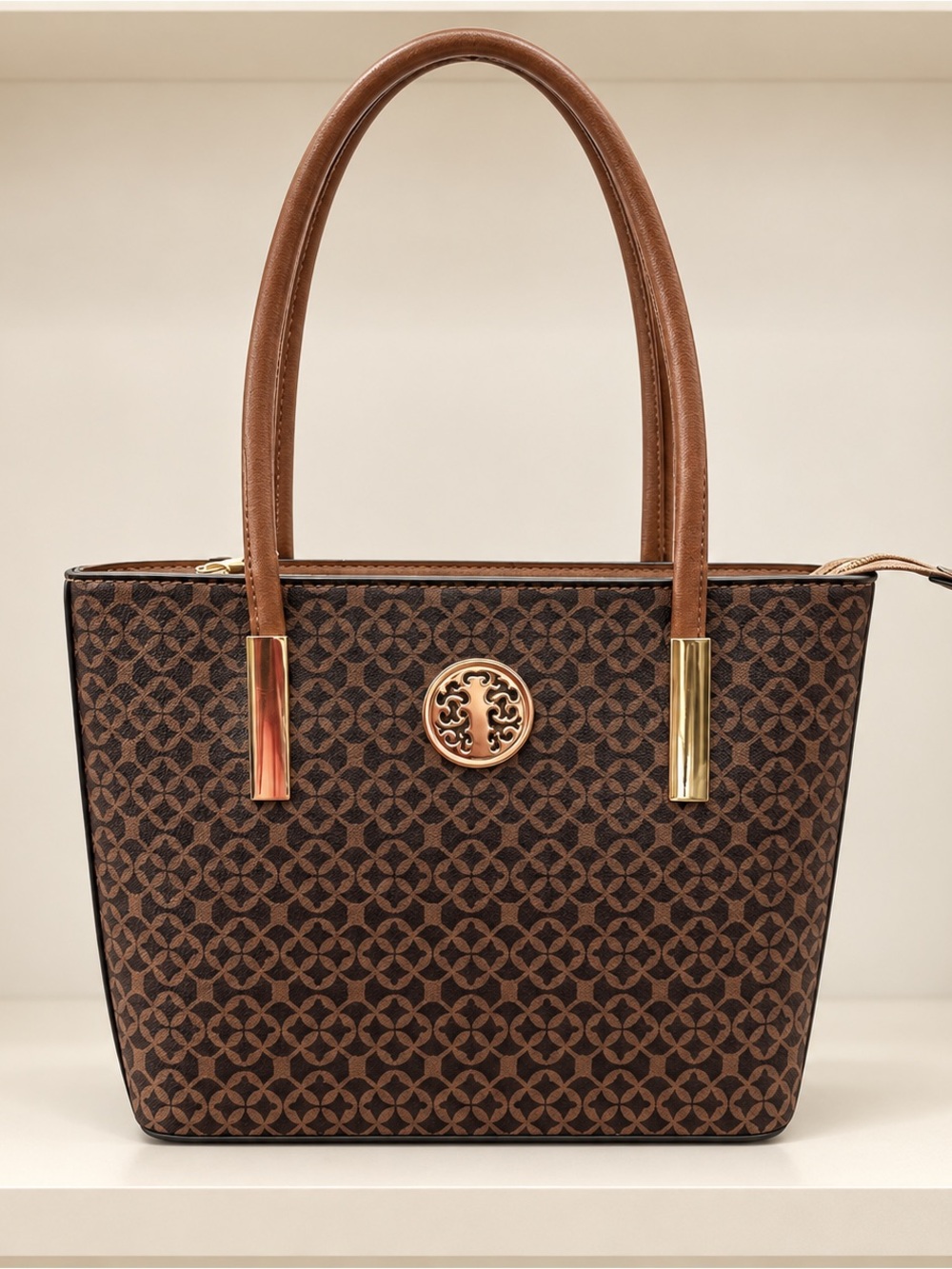 Brown Geometric Print Tote Bag with Gold-Tone Hardware